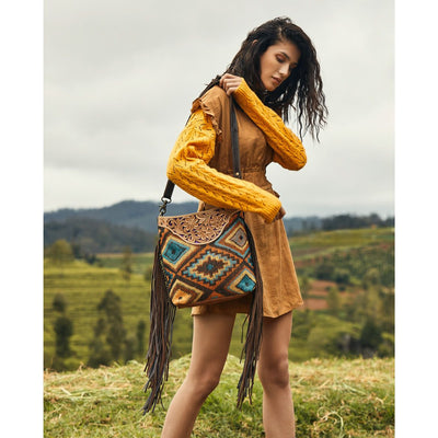Western Recycled Canvas and Leather Crossbody Beautiful Tribal Print and Fringe