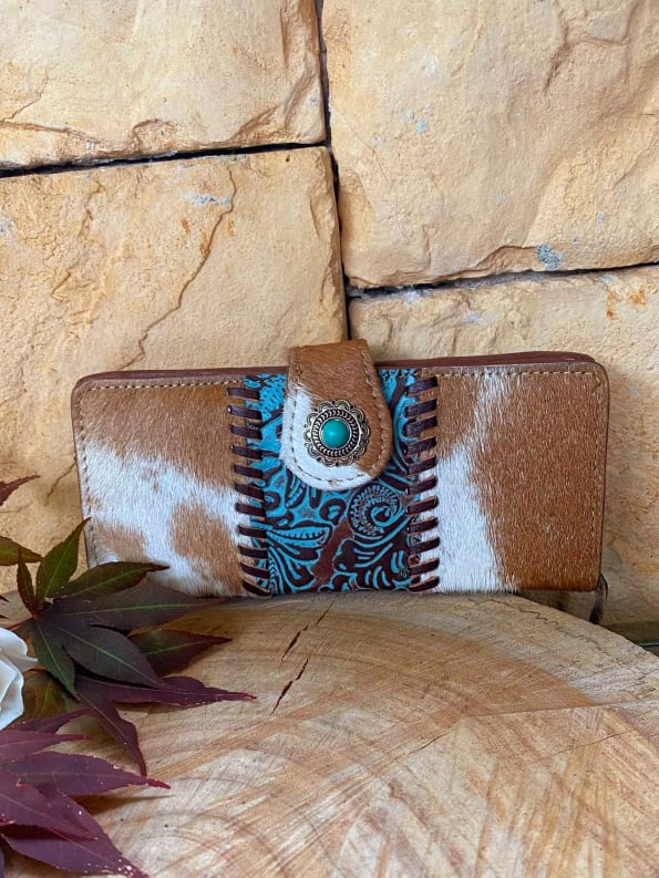 Western Hide & Leather Tooled Turquoise Wallet