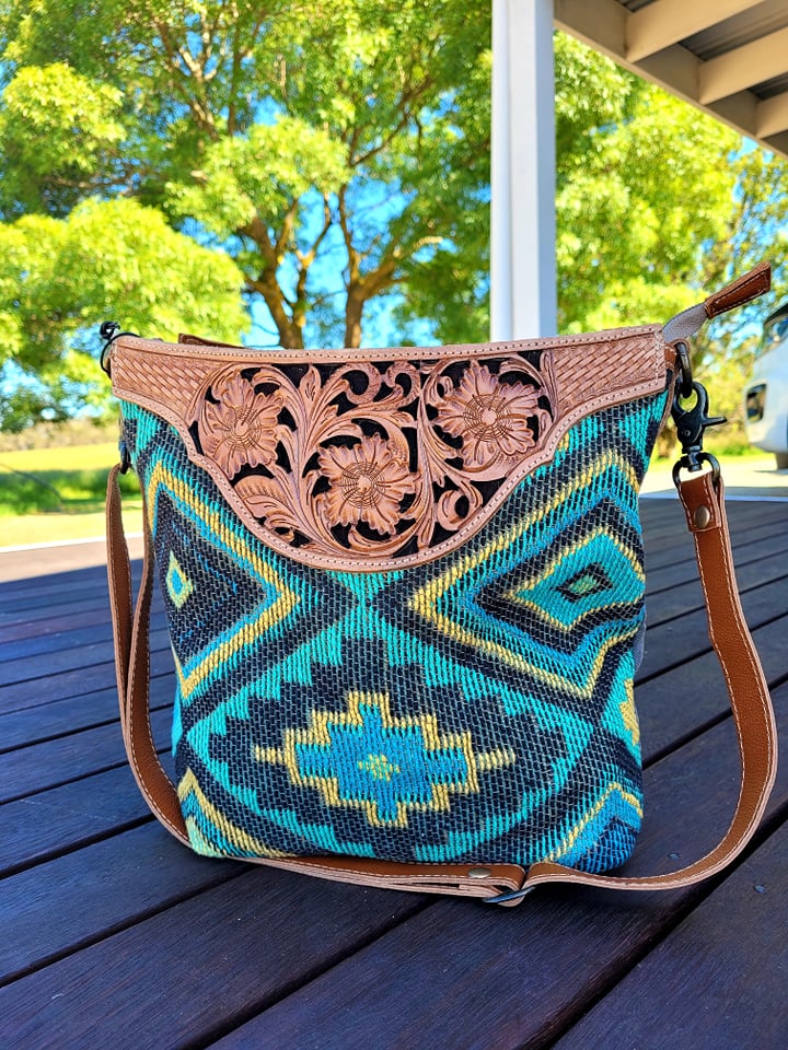 Western Recycled Canvas and Leather Tote Beautiful Tribal Print Tooled Leather