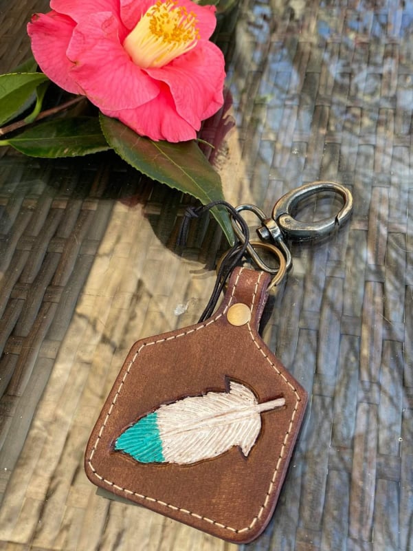 Key Ring - Leather Feather Bag Charm or Key Ring