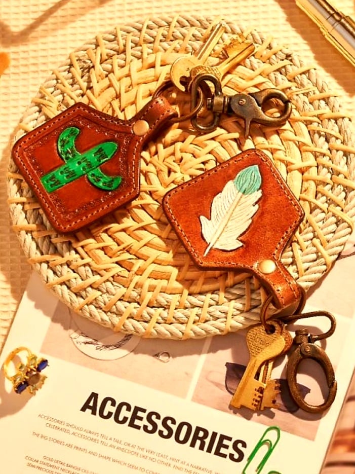 Key Ring - Leather Cactus Bag Charm or Key Ring