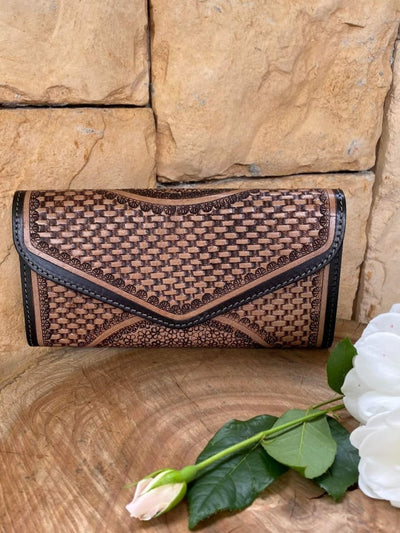 Western Leather Purse Tooled Basketweave Detail wallet