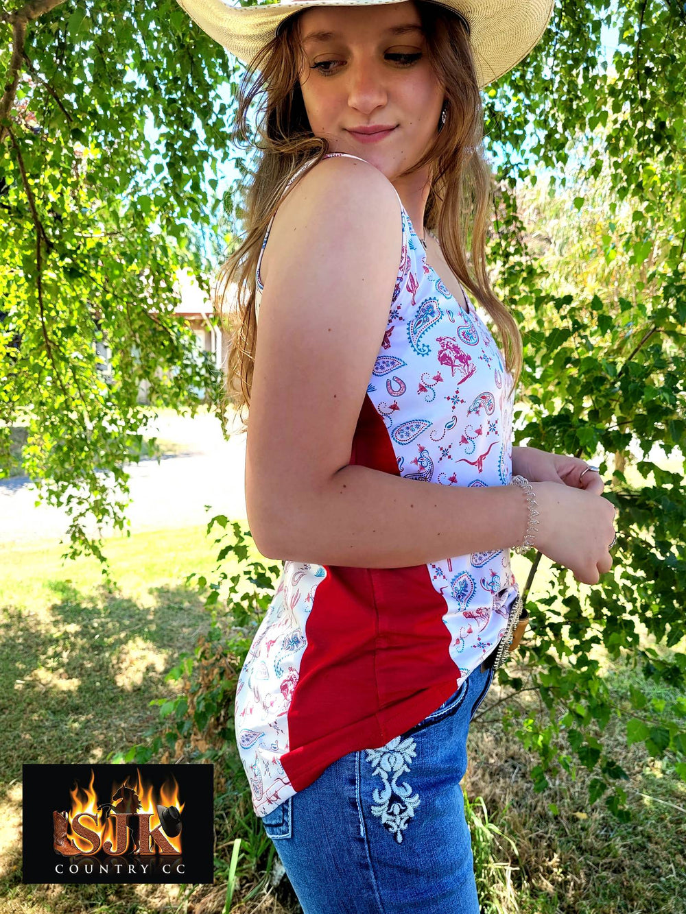 Outback Western Themed  Print Singlet Top Size S or M