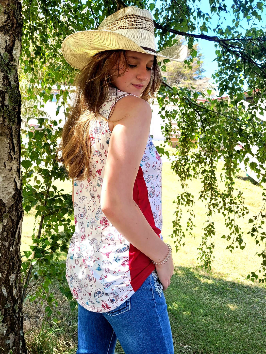Outback Western Themed  Print Singlet Top Size S or M