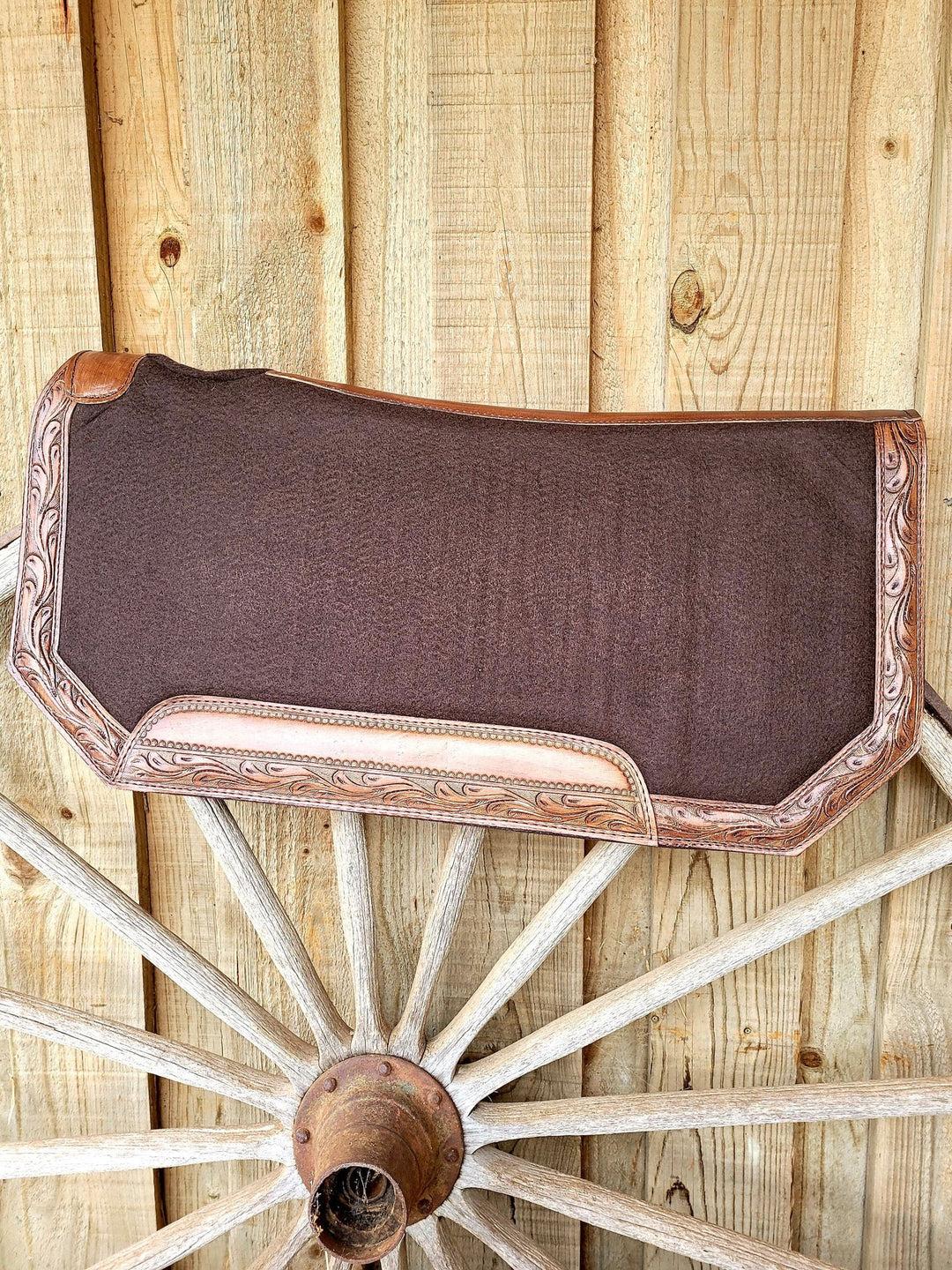 Western Saddle Pad Felt Contoured 30" x 30"x 1" Brown tooled leather trim