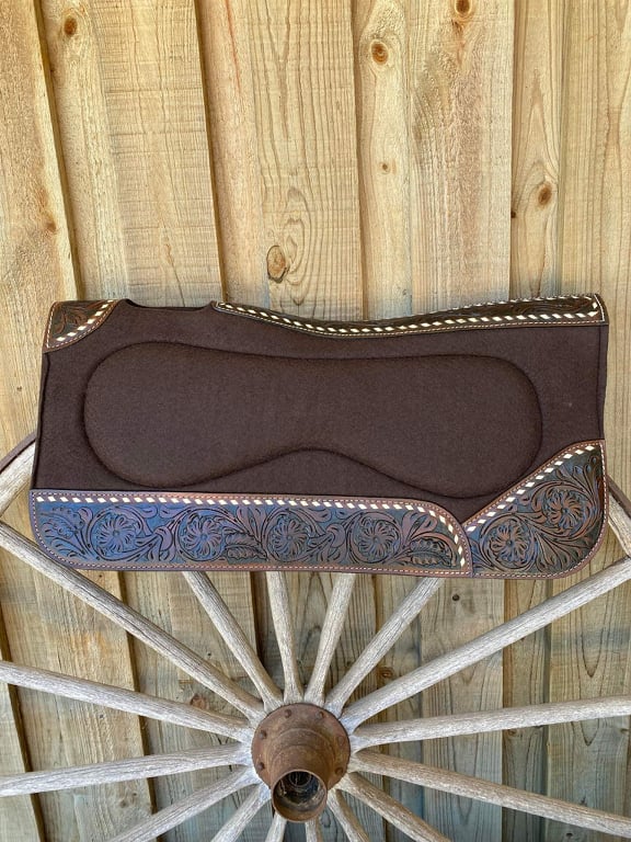 Western Saddle Pad Built up  Solid Felt Contour with Leather Tooling