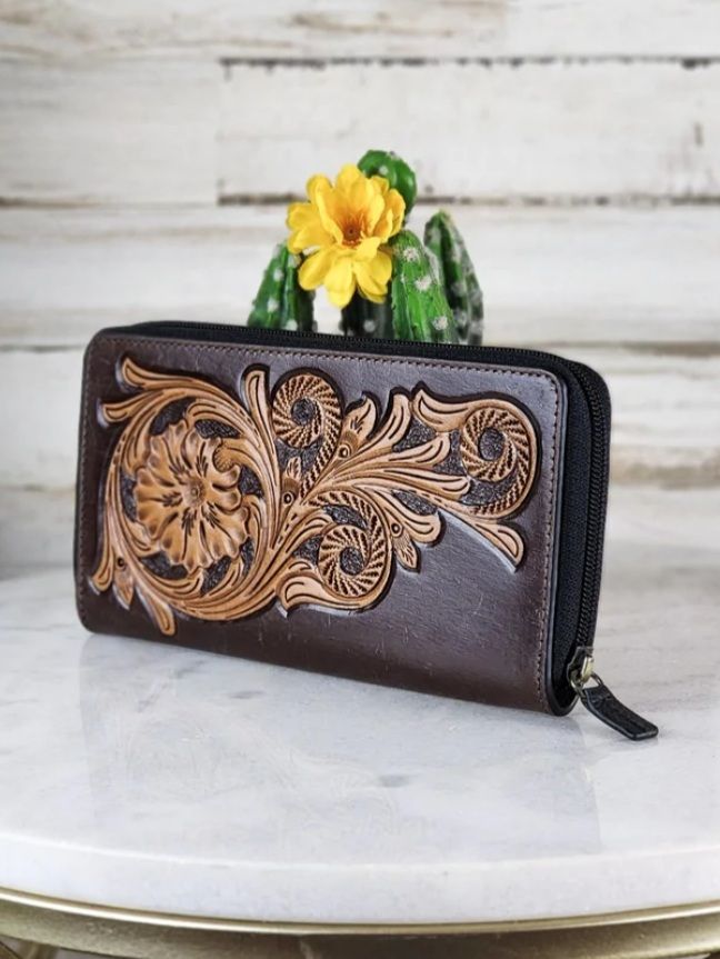 Western Leather Purse Tooled Leather Detail wallet