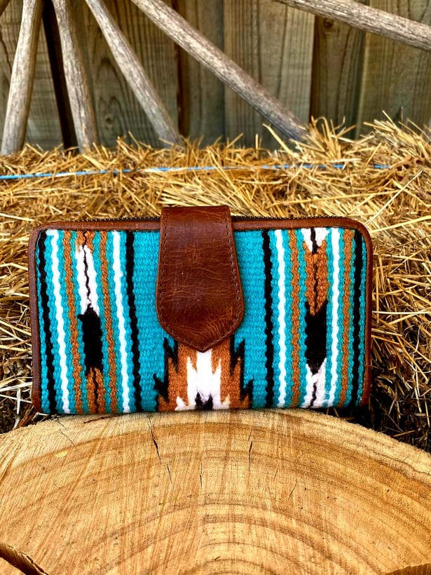 Western Saddle Blanket Wallet Genuine Wool and Leather Purse