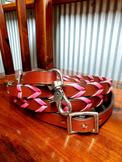Reins - ® 8ft leather braided rein with Pink colored lacing