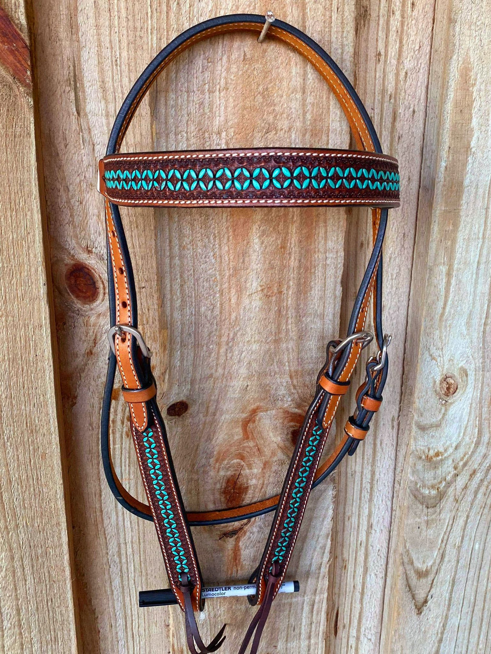 Western Bridle Browband Headstall Teal Tooling