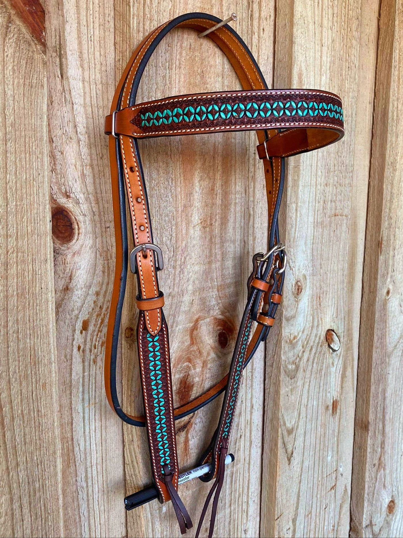 Western Bridle Browband Headstall Teal Tooling