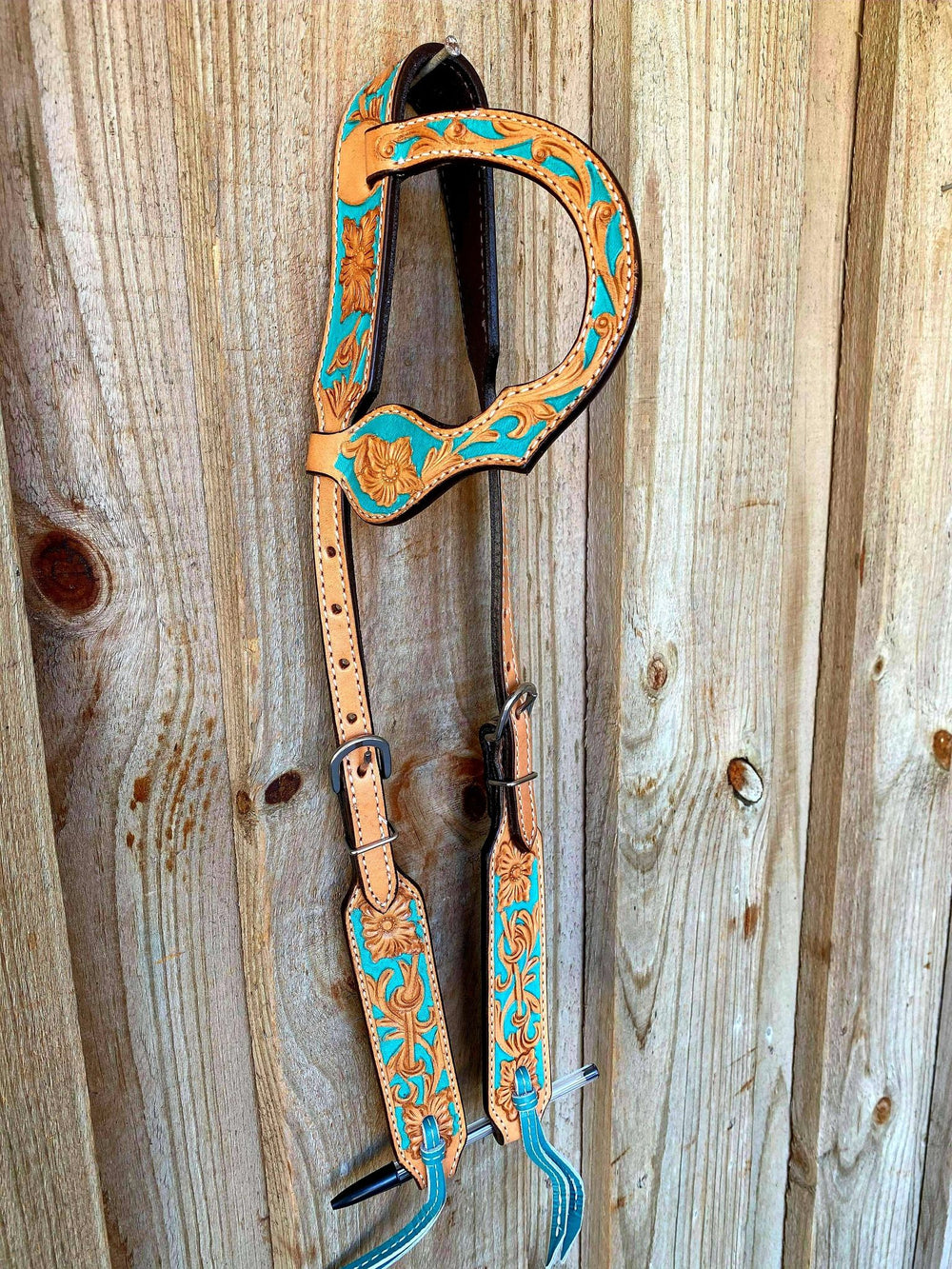 Western Bridle One Ear - Genuine Tooled leather single ear headstall with hand painted design