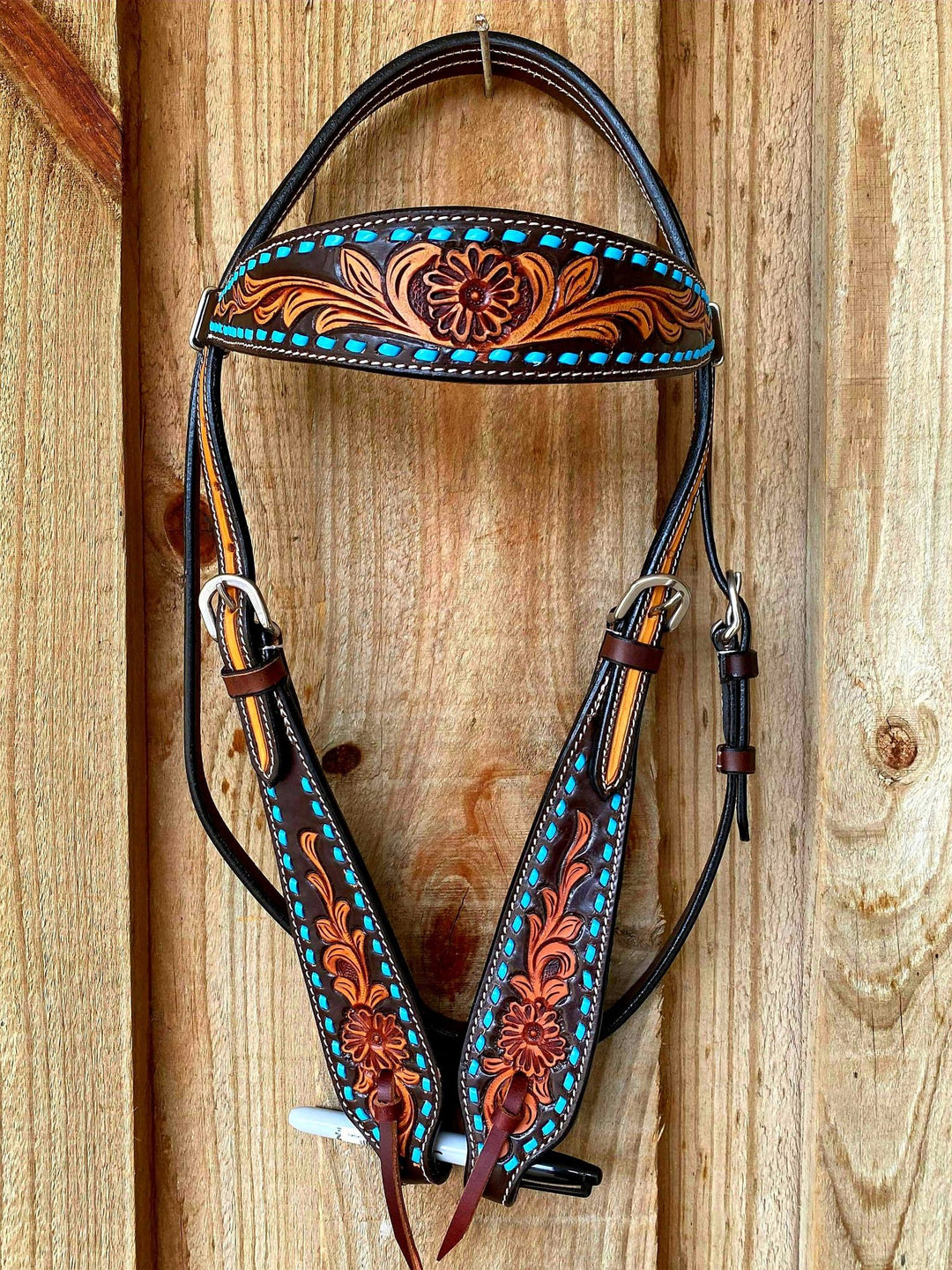 Western Bridle Leather Browband Blue buck stitched Floral Tooled headstall