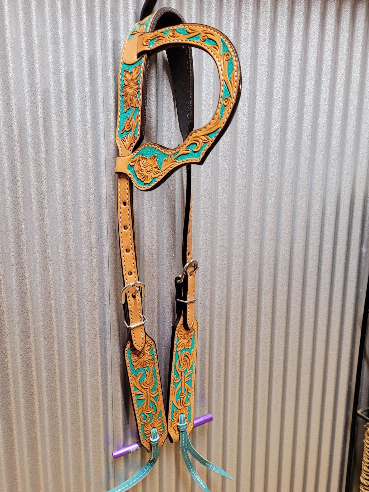 Western Bridle One Ear - Genuine Tooled leather single ear headstall with hand painted design