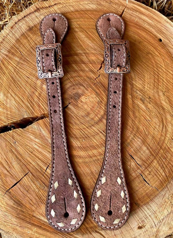 Straps - Adult Roughout Leather spur straps with natural buckstitch trim.