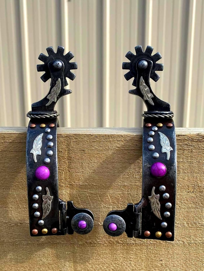 Spurs - Antique gray steel spur with purple marble studs and leaf design