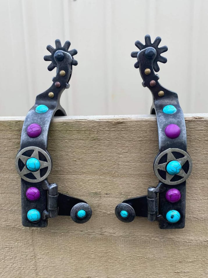 Spurs - Antique gray steel spur with purple and teal marble studs and Texas star design