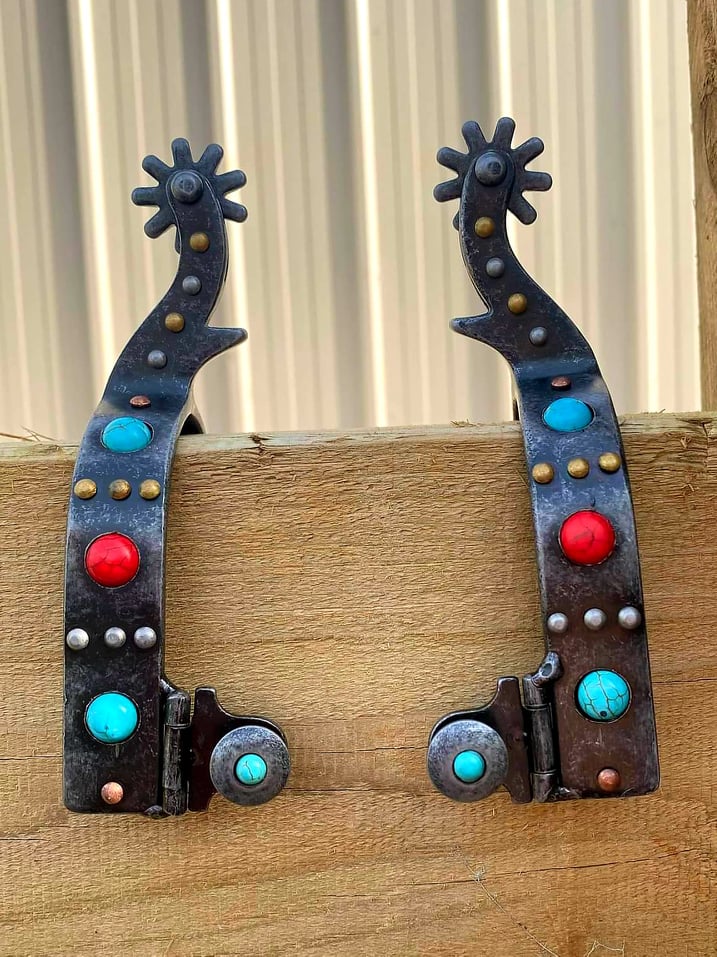 Spurs - Ladies Antique gray steel spur with  red and Turquoise Stone