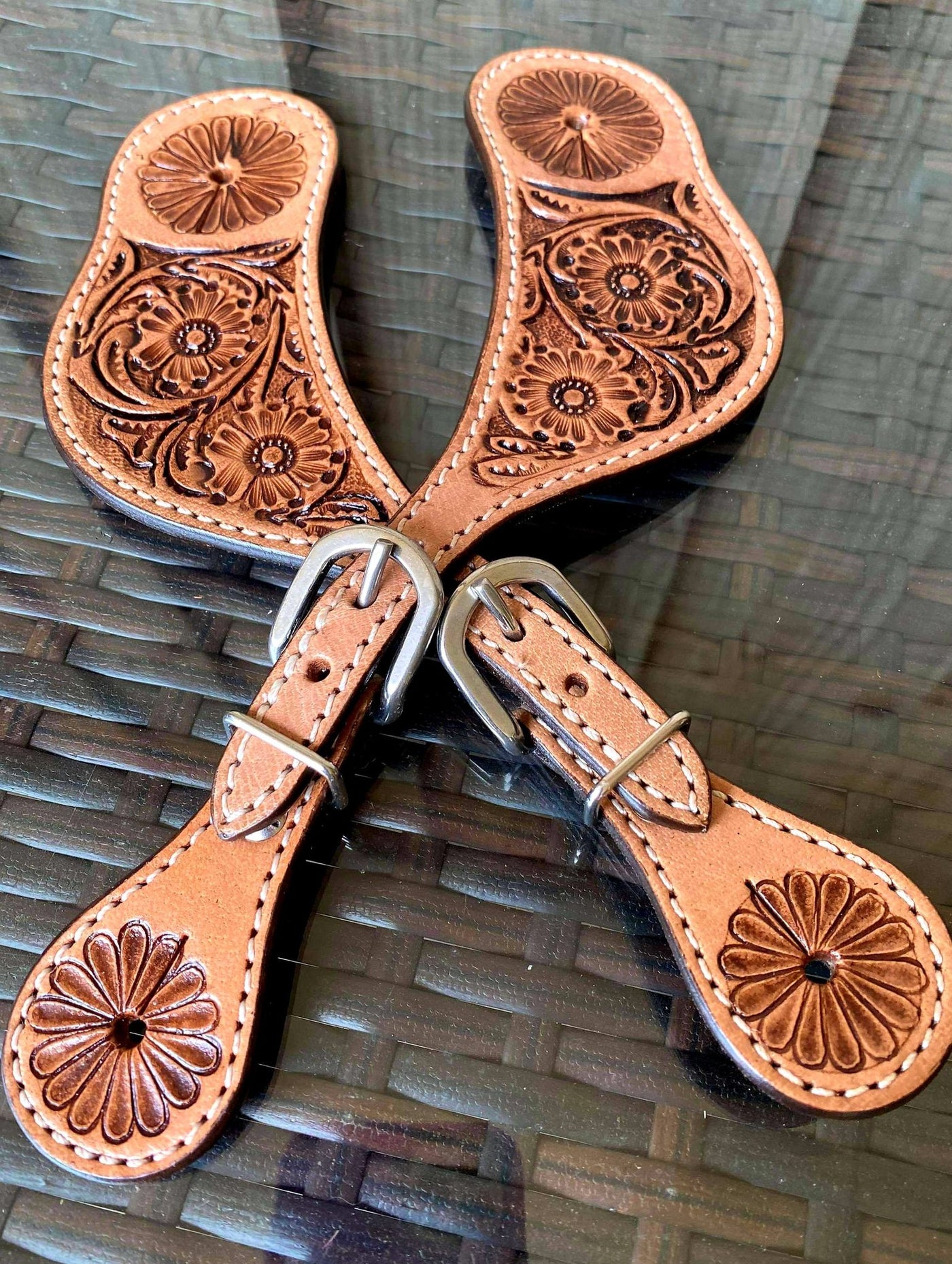 Straps - Leather Ladies size floral tooled spur straps