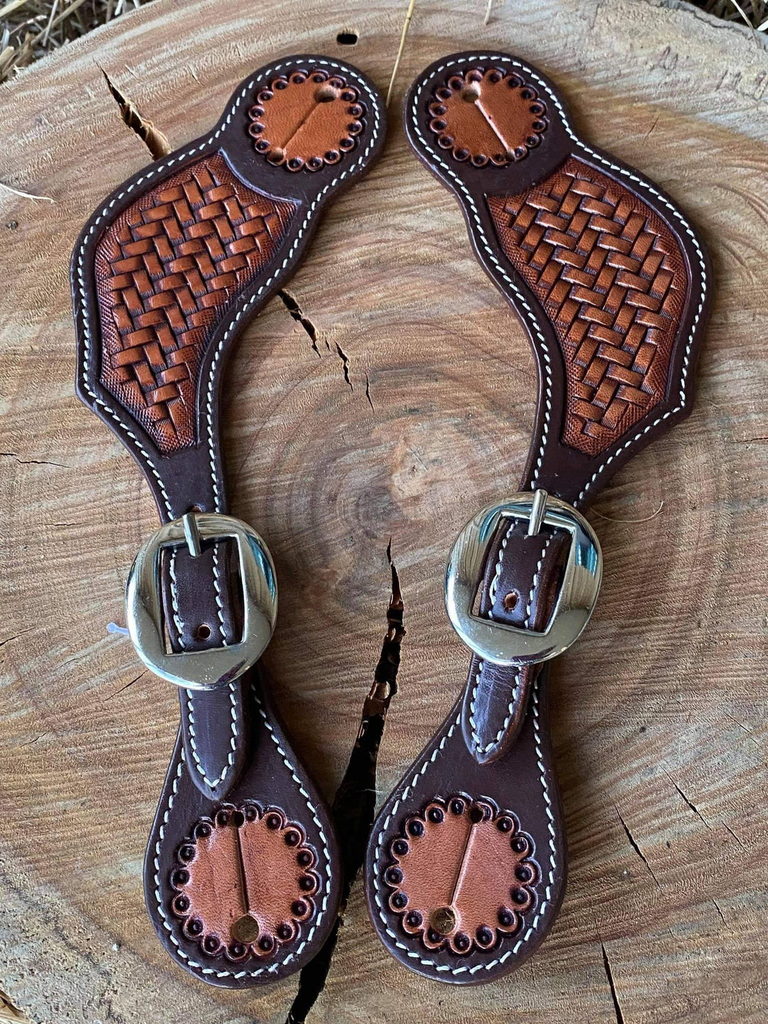 Straps -  Ladies Basketweave Leather Spur Straps