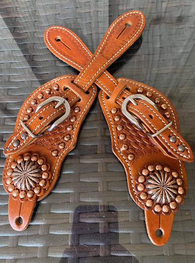 Straps - Leather basket weave tooled spur straps with copper accents