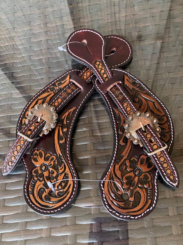 Strap - Ladies size floral tooled spur straps