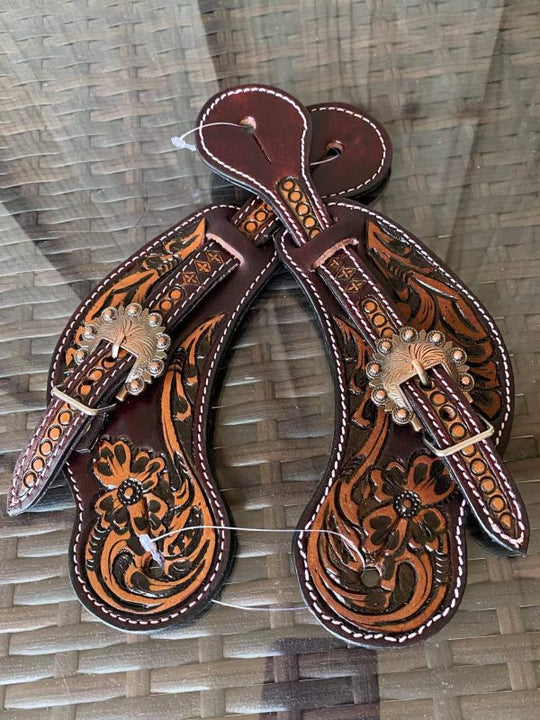 Strap - Ladies size floral tooled spur straps