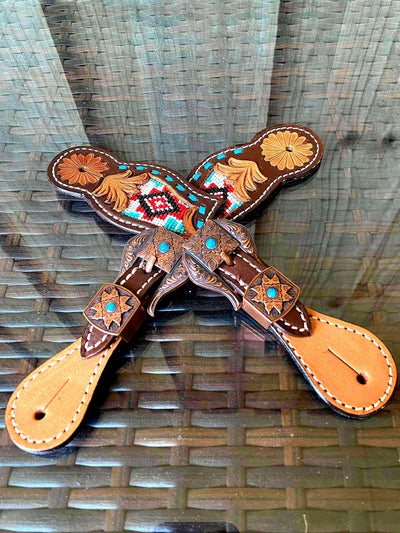 Straps - Leather Youth  navajo beaded spur straps