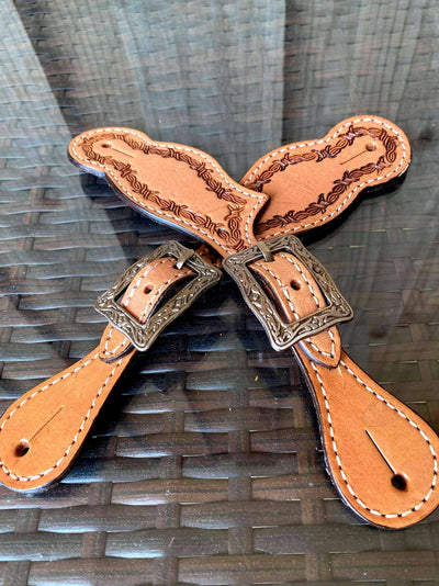Straps - Leather Ladies/ Youth spur straps with barbwire tooling