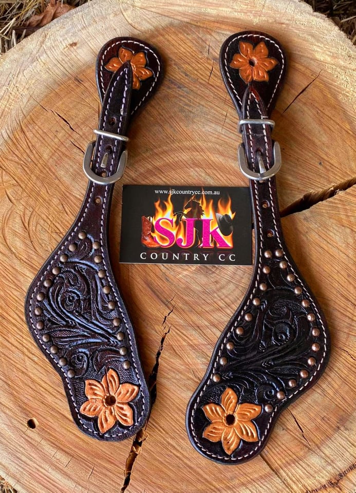 Straps -  Dark Tooled Leather Spur Strap with Copper Flower Detail