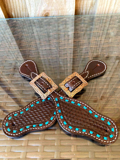 Straps - Leather Youth/Small Lady Basket Weave Spur Straps Turquoise Buckstitch