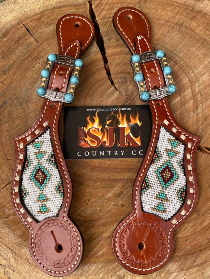 Straps - Leather White/Teal  Beaded Spur Strap Ladies