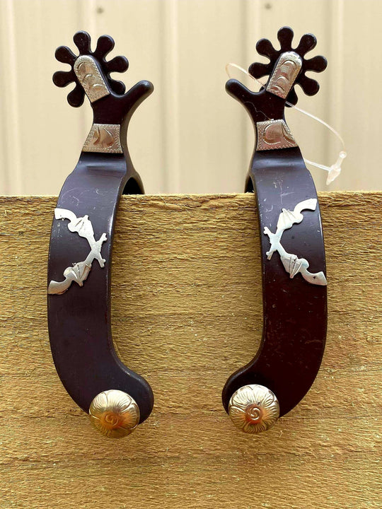 Spur -  Ladies Antique brown spur with engraved silver guns overlay