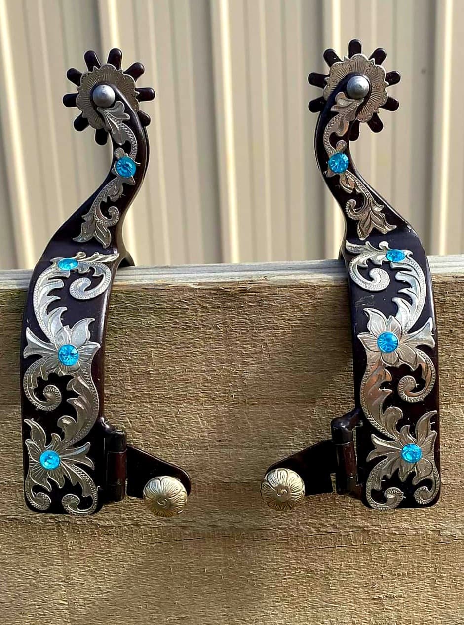 Spur - Western Show Antiqued Brown Silver Scroll and Blue Stone Detail
