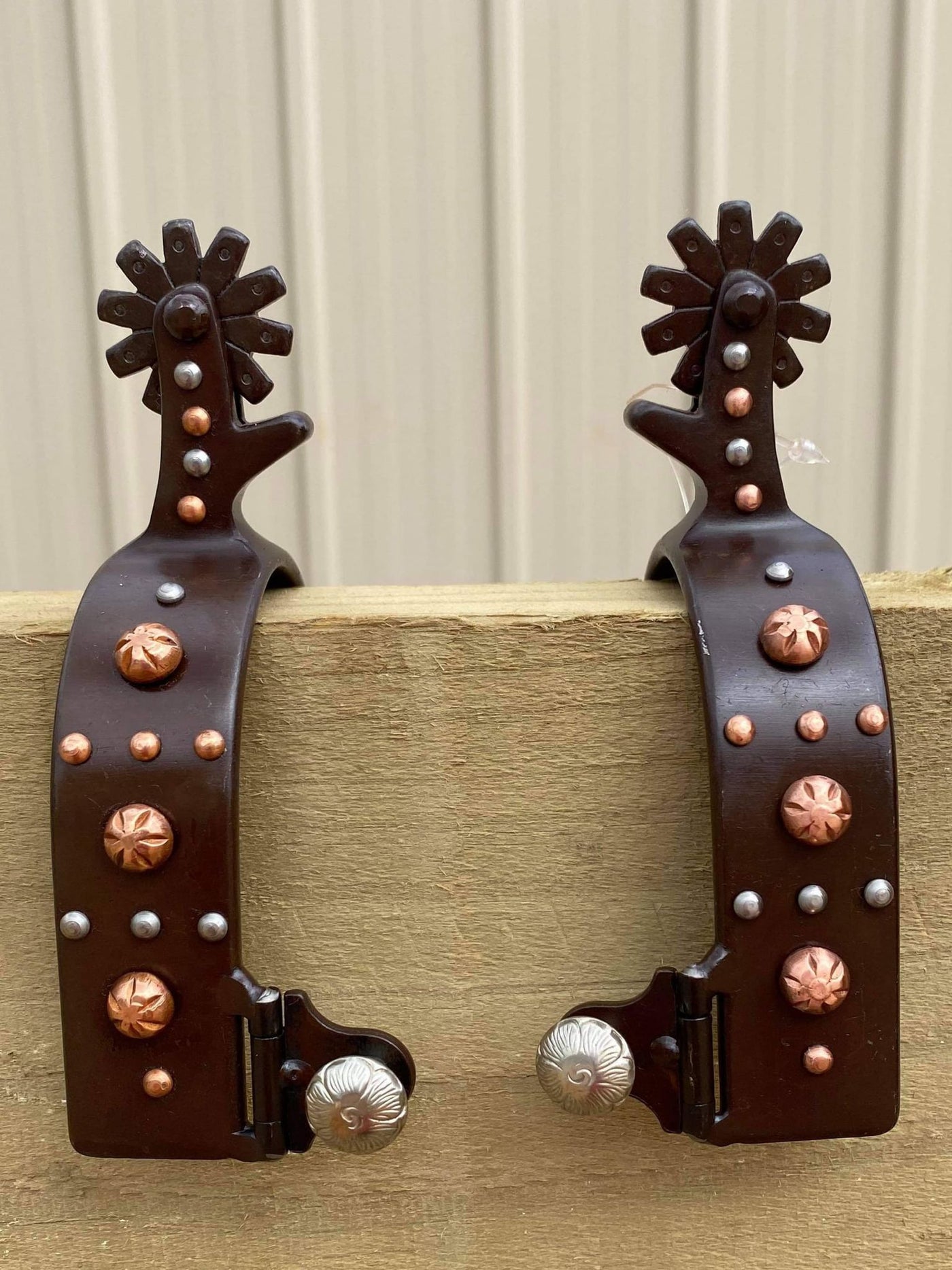 Spurs - Brown steel spur with engraved copper studs and silver stud