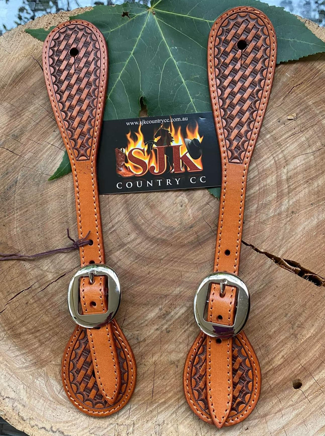 Strap - Beautiful Soft Tooled Basktweave Leather Spur Straps