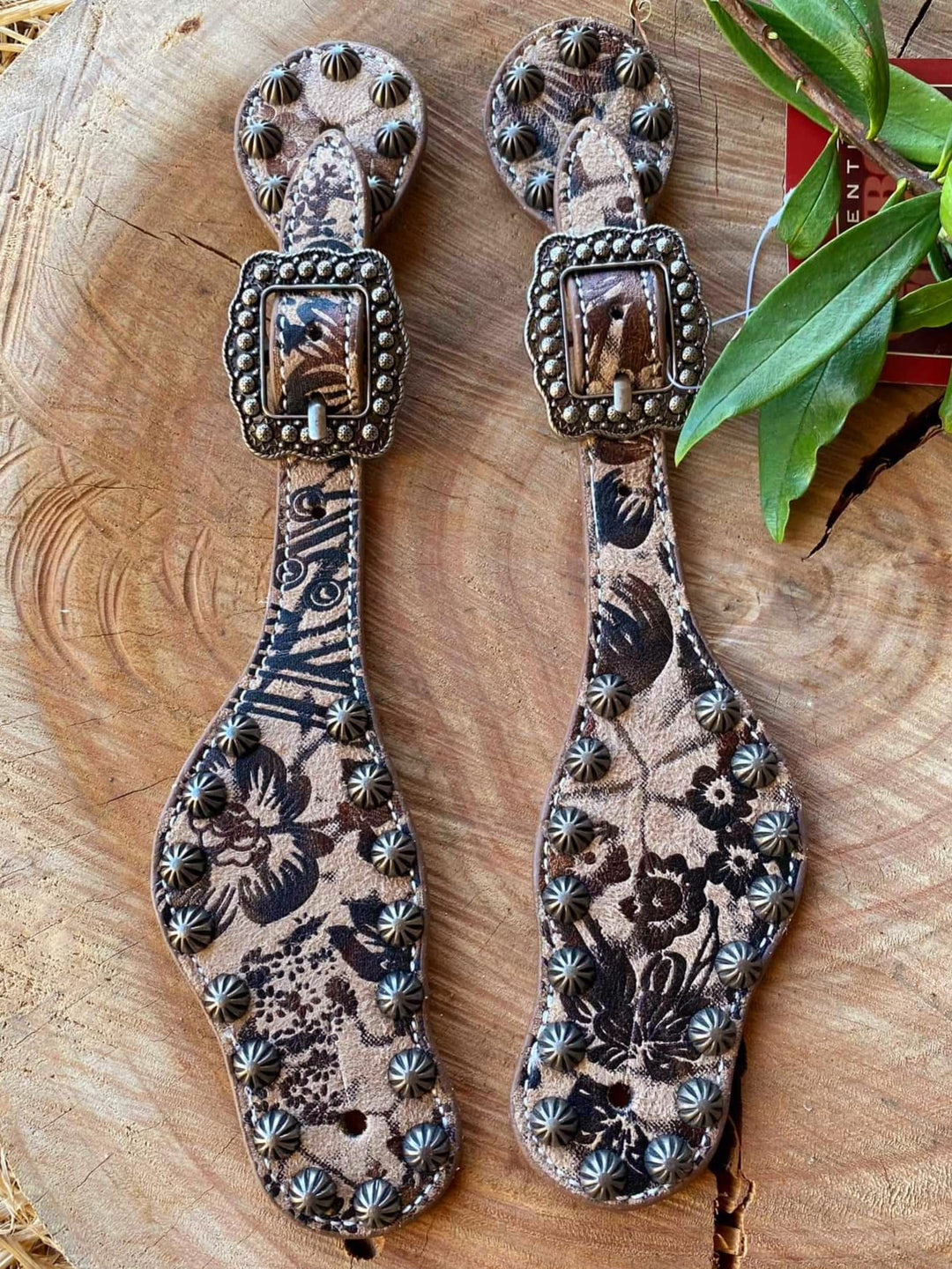 Strap - Genuine Leather Spur Straps Distressed Floral Print