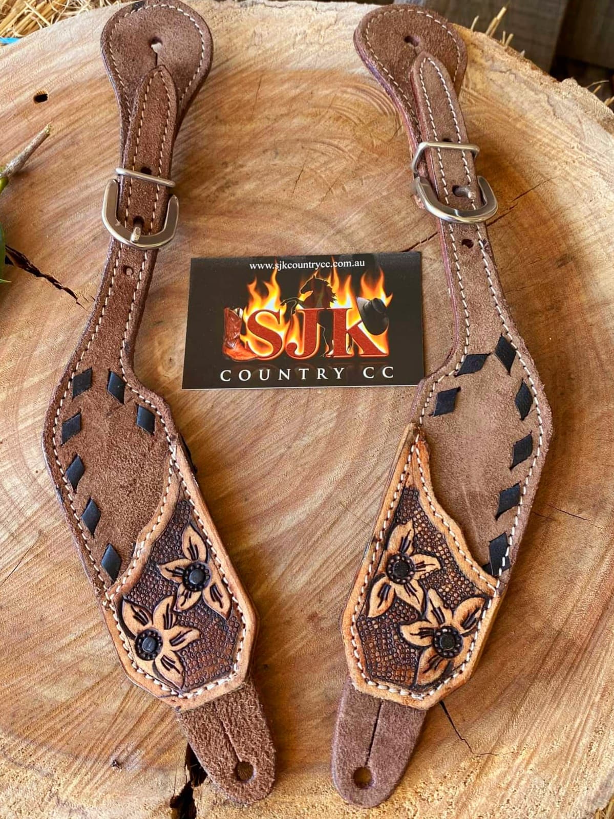 Showman ® Ladies Size Two-Tone Floral tooled spur straps