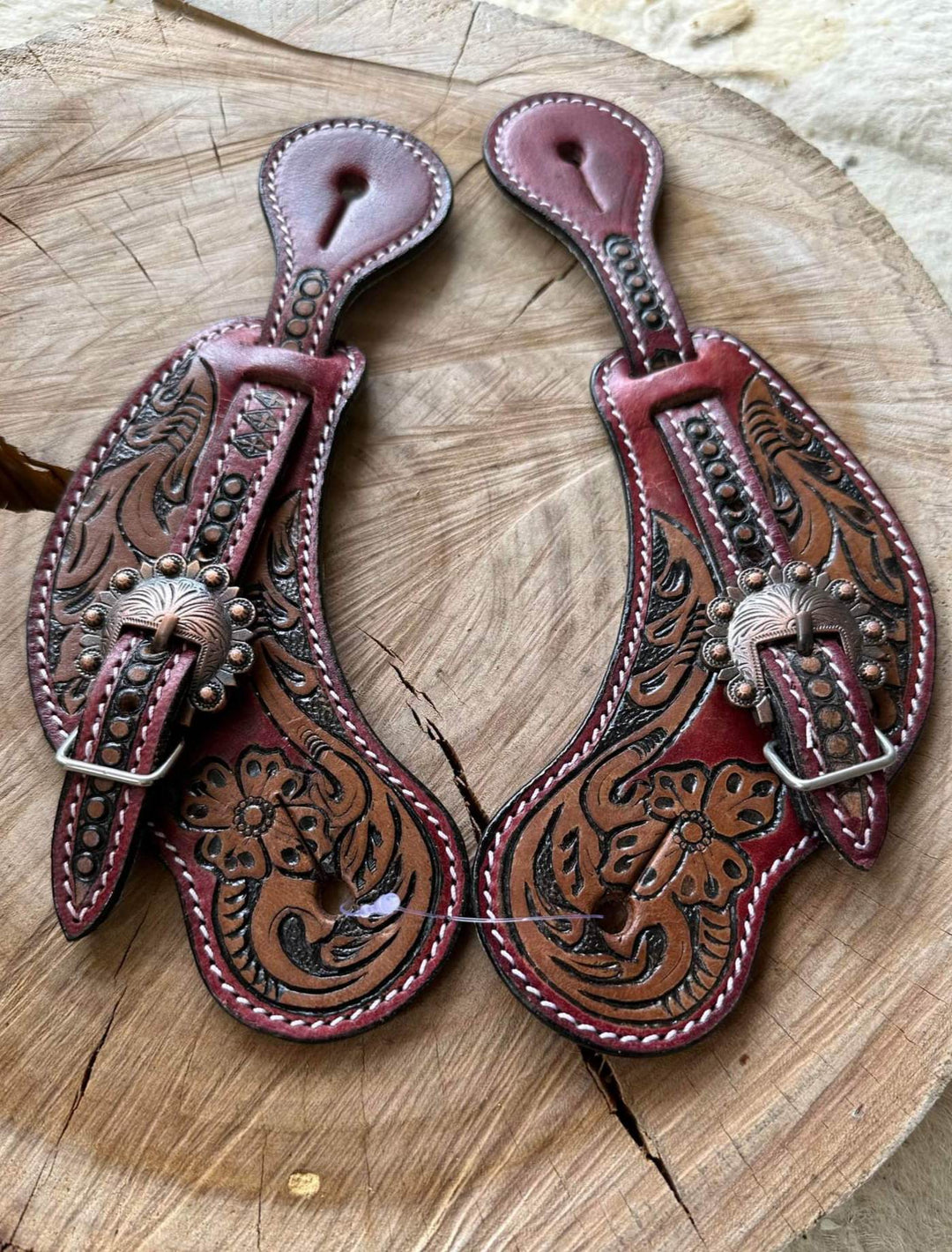 Strap - Ladies size floral tooled spur straps