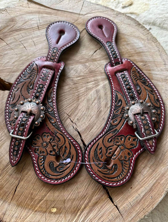 Strap - Ladies size floral tooled spur straps