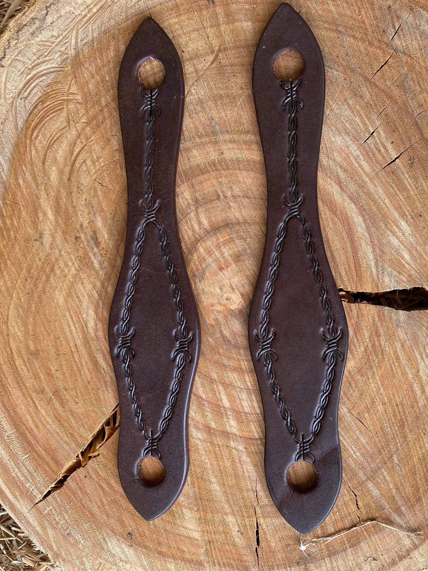 Slobber Strap - Barbwire tooled Dark leather slobber straps