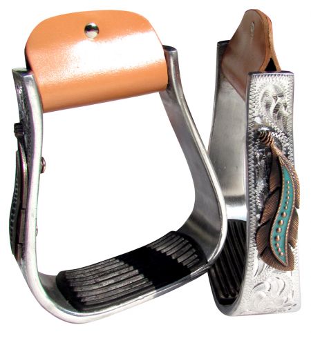 Stirrups - ®   Silver Engraved Stirrups with copper and teal feather concho on top of the engraved side.
