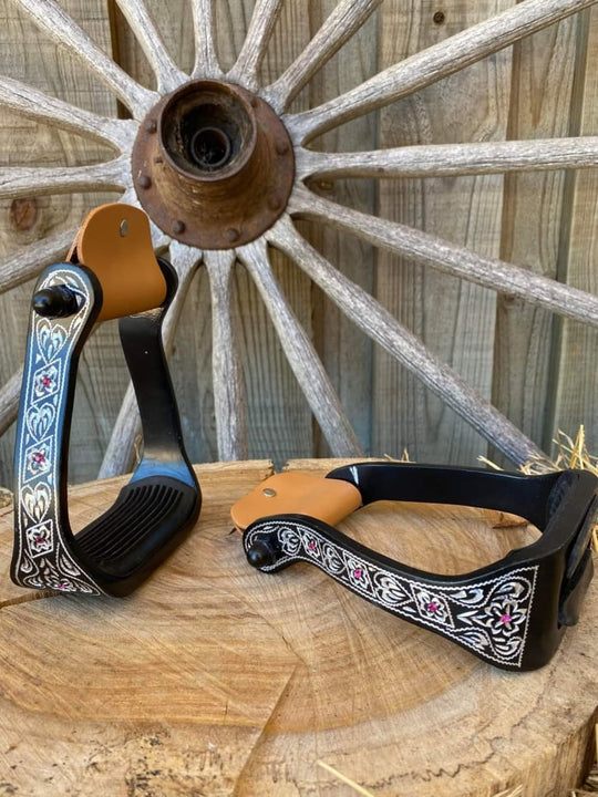 Stirrups - Black Engraved with Pink Rhinestone