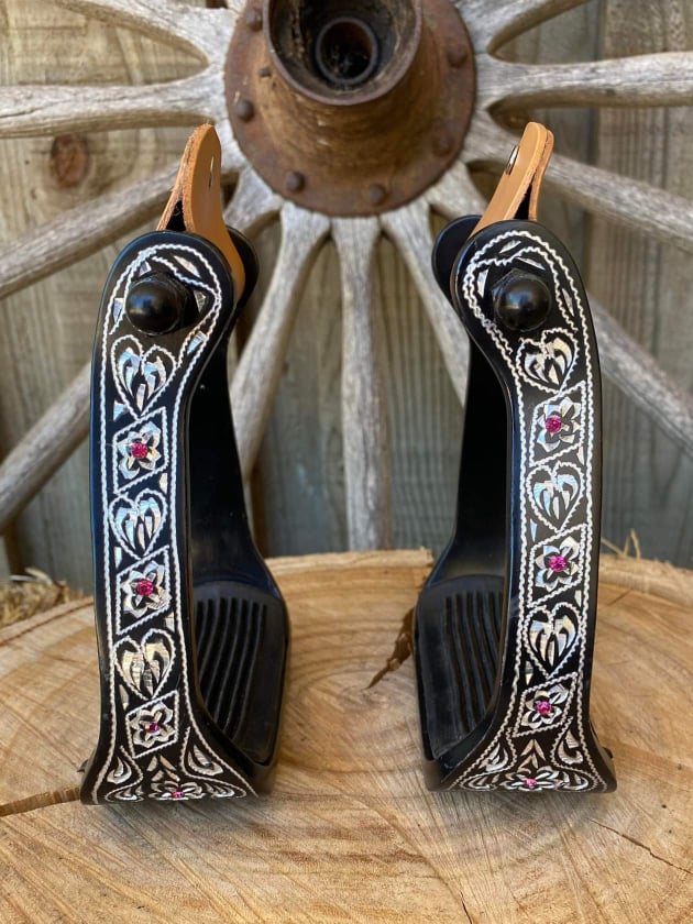 Stirrups - Black Engraved with Pink Rhinestone