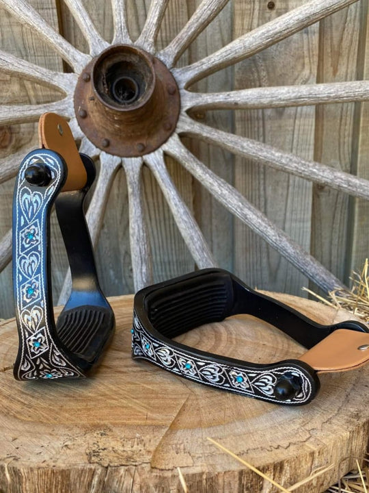 Stirrups - Black Engraved with Teal Rhinestone