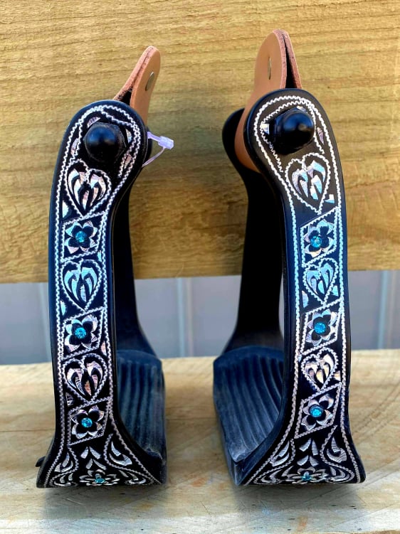Stirrups - Black Engraved with Teal Rhinestone