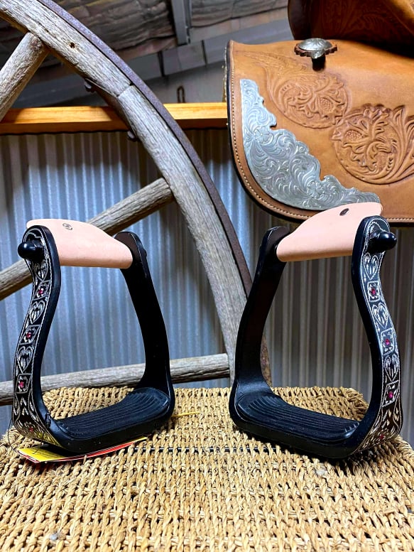 Stirrups - Black Engraved with Pink Rhinestone