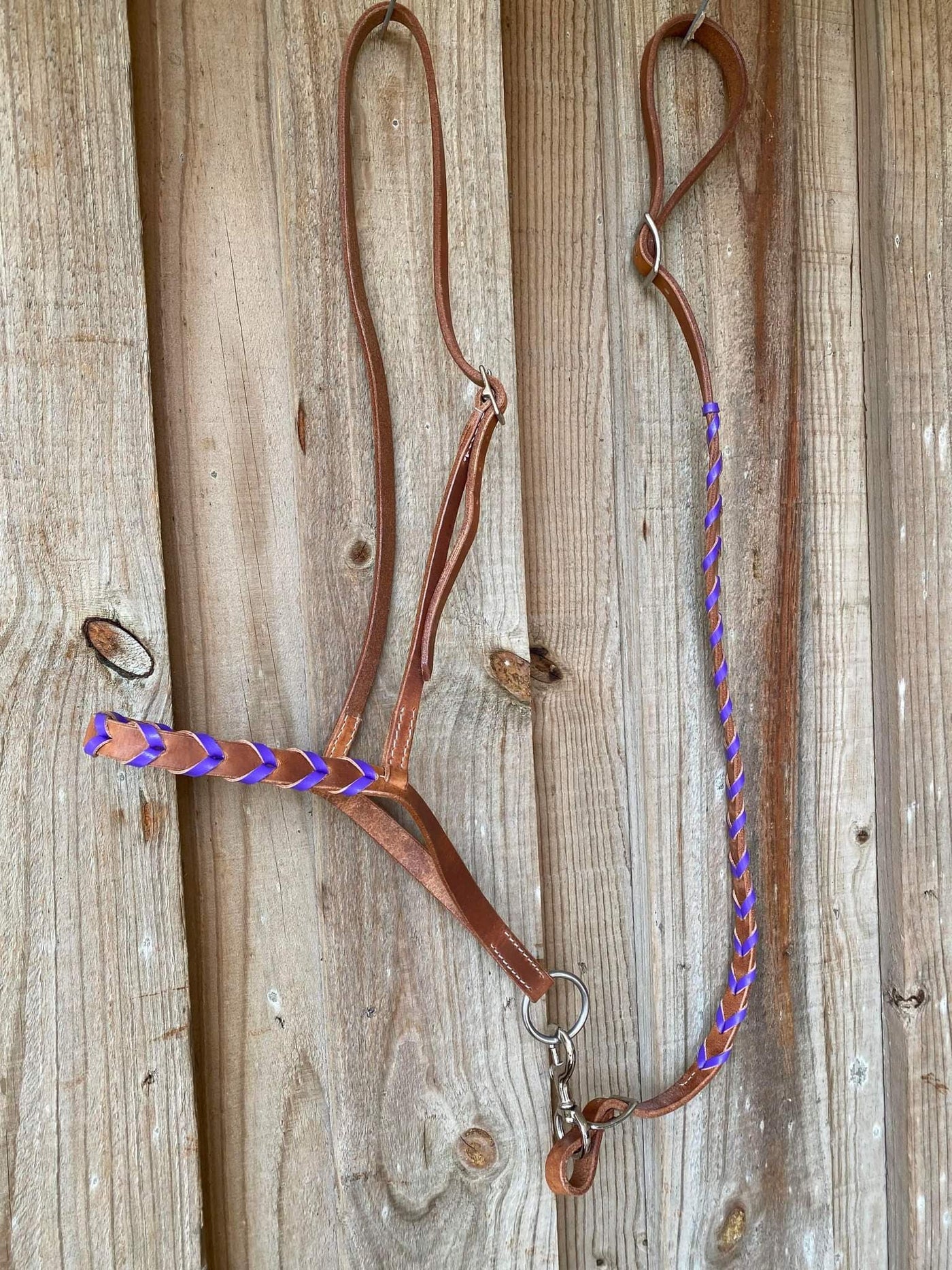 Noseband - Harness Leather Laced Purple Tie Down Set