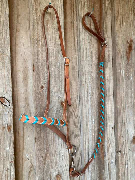 Noseband - Harness Leather Laced Turquiose Tie Down Set
