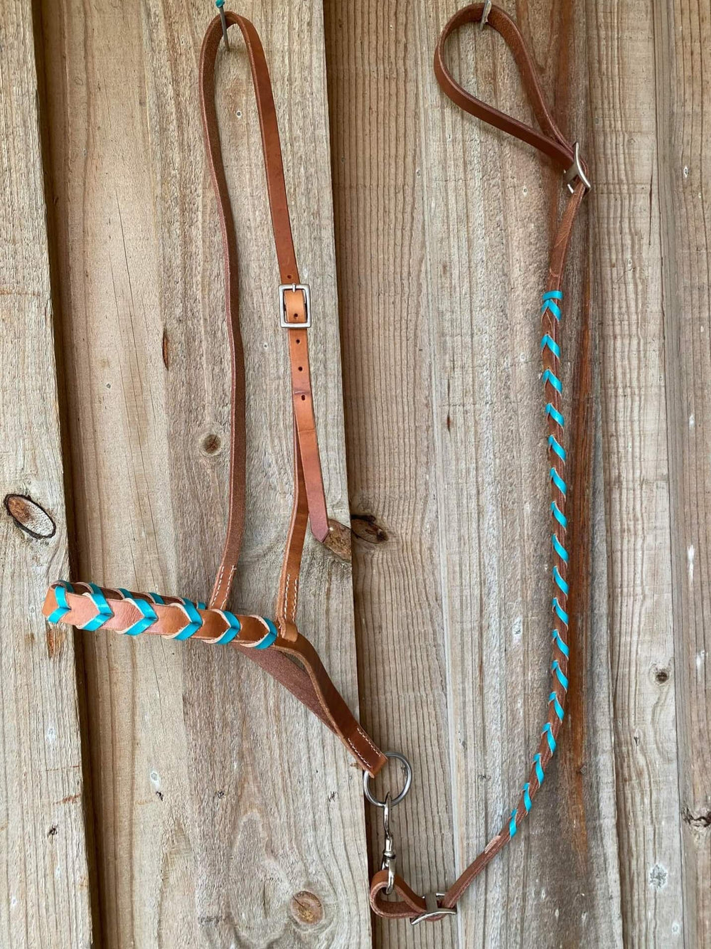 Noseband - Harness Leather Laced Turquiose Tie Down Set